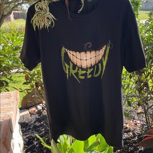 SHEIN Black Tee Popular Graphic Tee “GREEDY” w SuperTeeth green back Accent SZ S
